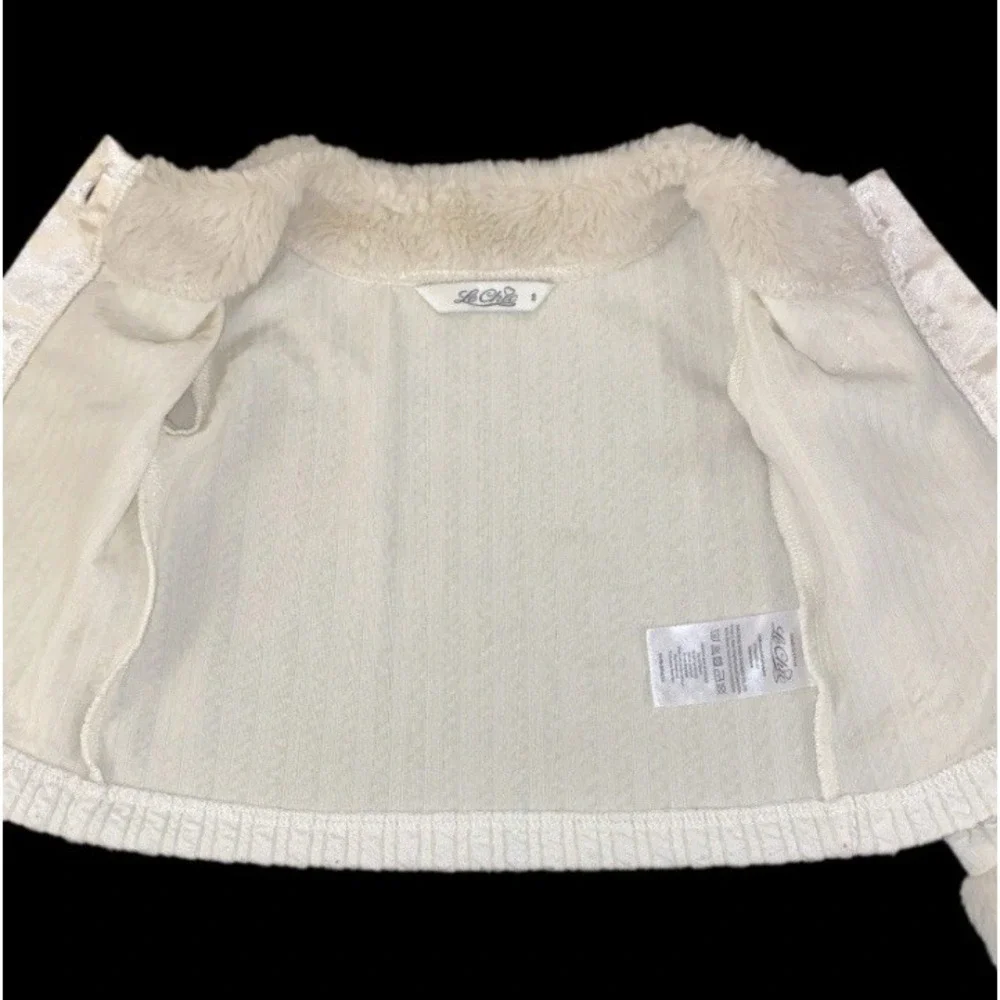 Le Chic Cardigan Kids Size 2 Cream Faux Fur Trim Cable Knit Pearl Button
